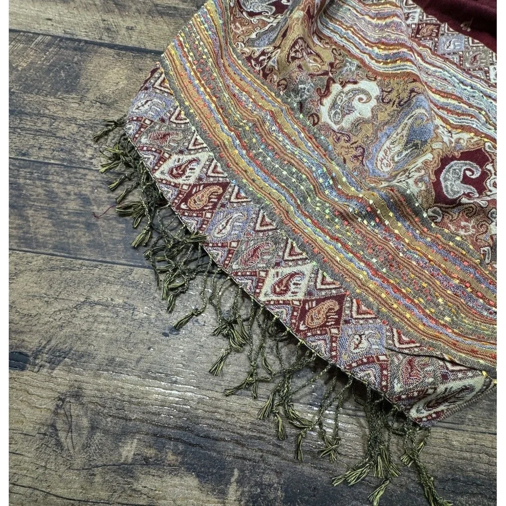 Vintage Style Knit Burgundy‎ Gold Pashmina Scarf Wrap Shawl
